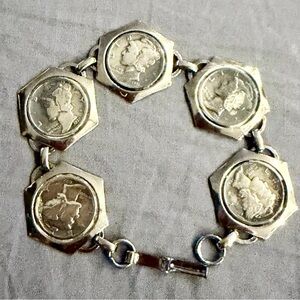 Vintage Silver Mercury Dime Bracelet 7” long antique 90% silver coins